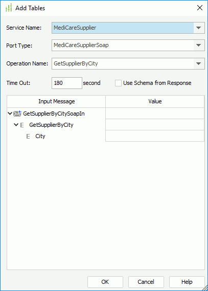 Add Tables dialog box - web service connection