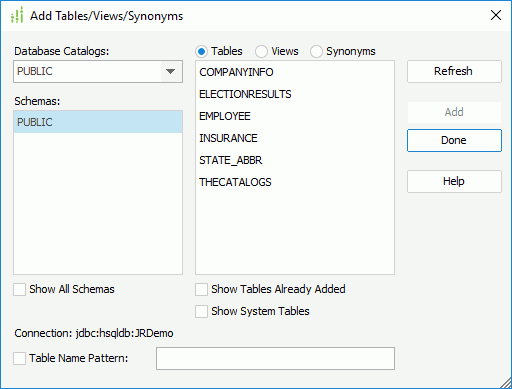 Add Tables/Views/Synonyms dialog box