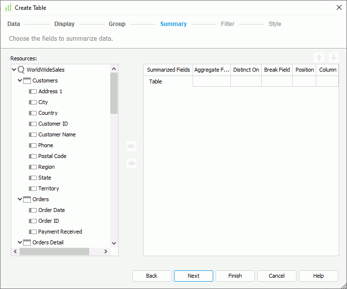 Create Table wizard - Summary