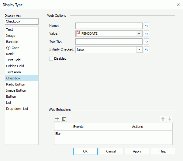 Display Type dialog box - Checkbox