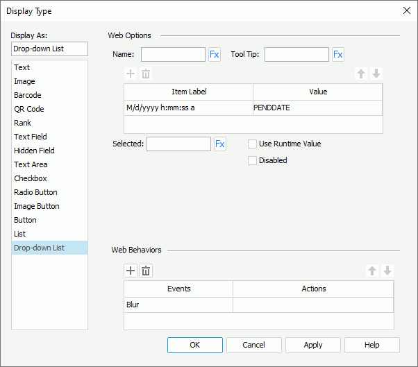 Display Type dialog box - Drop-down List