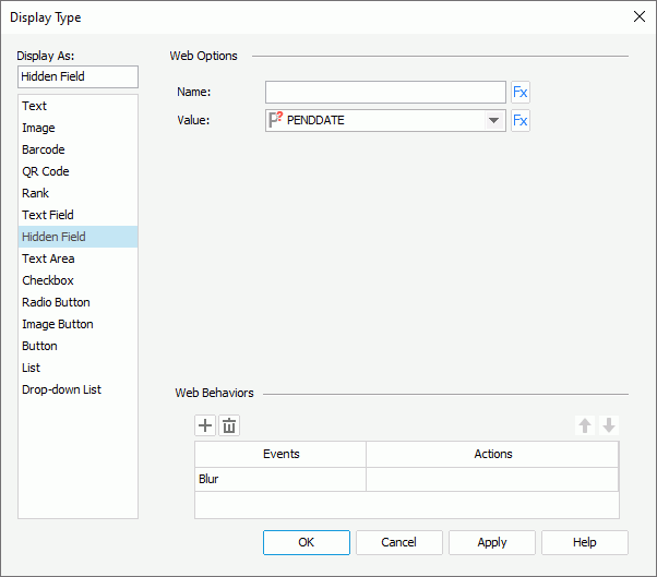 Display Type dialog box - Hidden Field