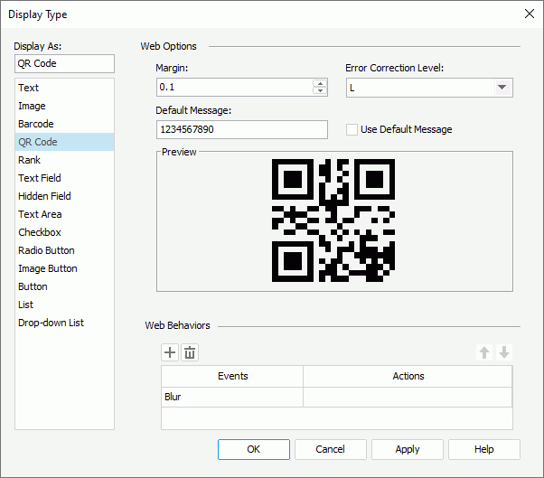 Display Type dialog box - QR Code