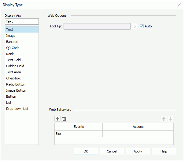 Display Type dialog box - Text