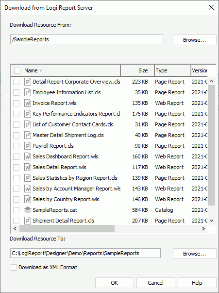 Download from Report Server dialog box