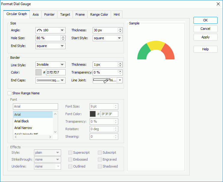 Format Dial Gauge dialog box - Circular Graph