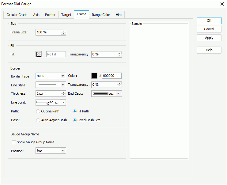 Format Dial Gauge dialog box - Frame