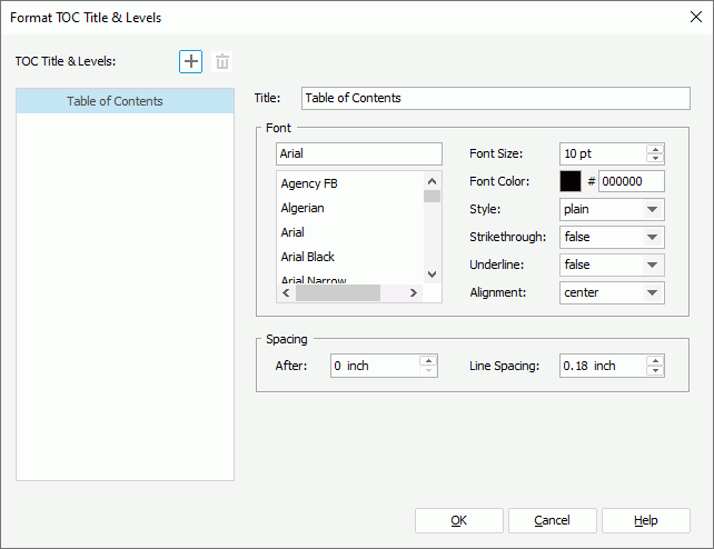 Format TOC Title & Levels dialog box