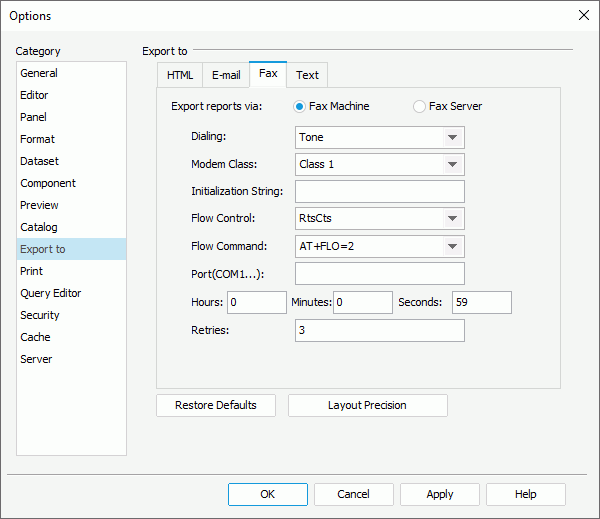 Options dialog box - Export to category - Fax tab