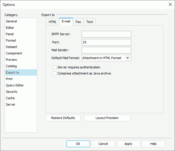 Options dialog box - Export to category - E-mail tab