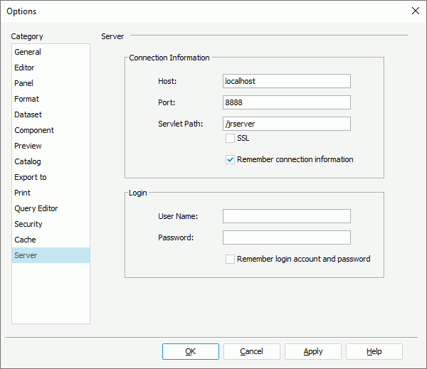 Options dialog box - Server category