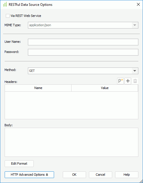 RESTful Data Source Options dialog box