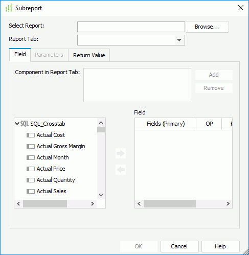 Subreport dialog box