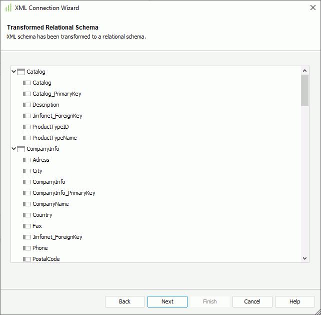 XML Connection Wizard - Transformed Relational Schema