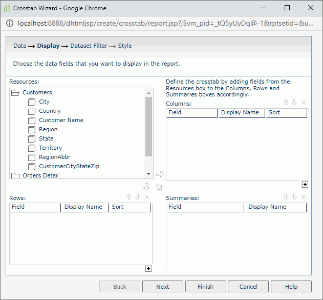 Crosstab Wizard - Display screen