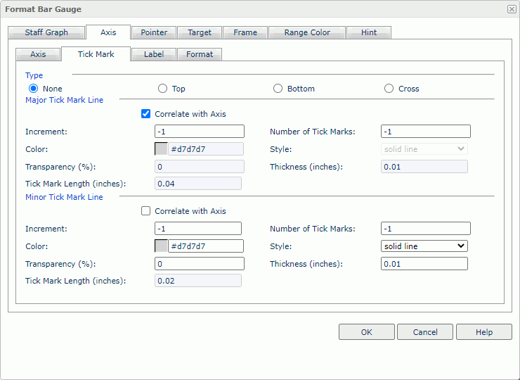 Format Bar Gauge dialog box - Axis - Tick Mark