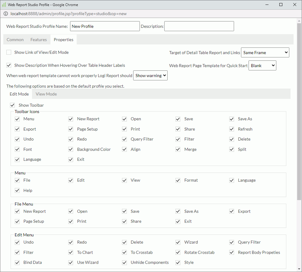 Web Report Studio Profile dialog box - Properties - Edit Mode tab