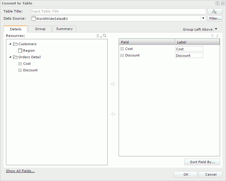 Convert To Table dialog - Details tab