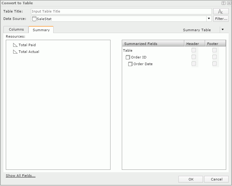 Convert To Table dialog - Summary tab