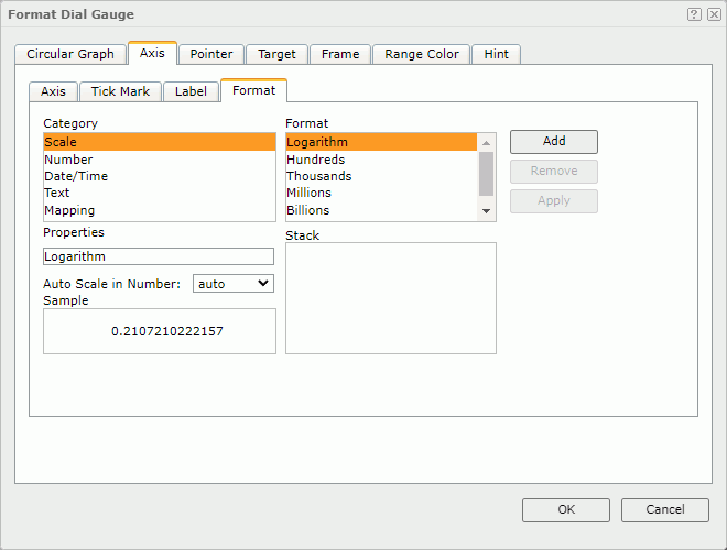 Format Dial Gauge dialog - Axis - Format