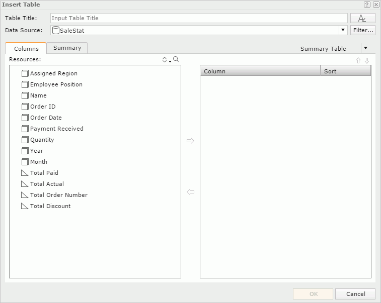 Insert Table dialog - Columns tab