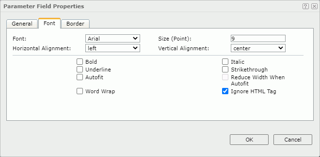 Parameter Field Properties dialog - Font tab