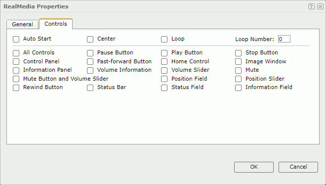 RealMedia Properties dialog box - Controls tab