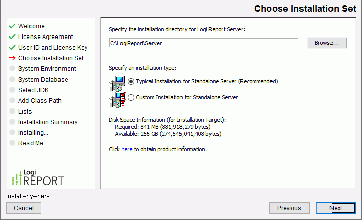 Report Server Installation wizard - Choose Installation Set screen