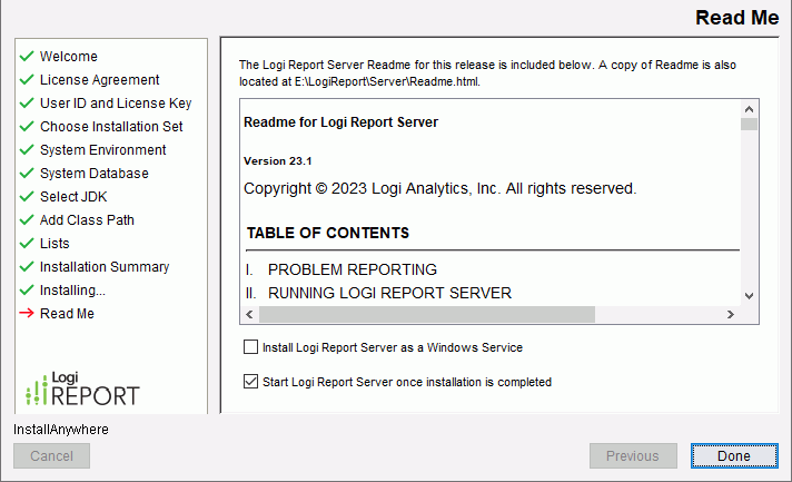 Report Server Installation wizard - Read Me screen