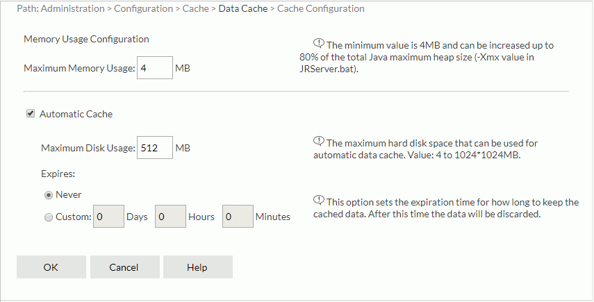 Cache Configuration dialog