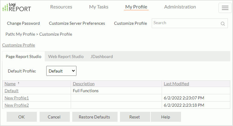 My Profile - Customize Profile - Page Report Studio
