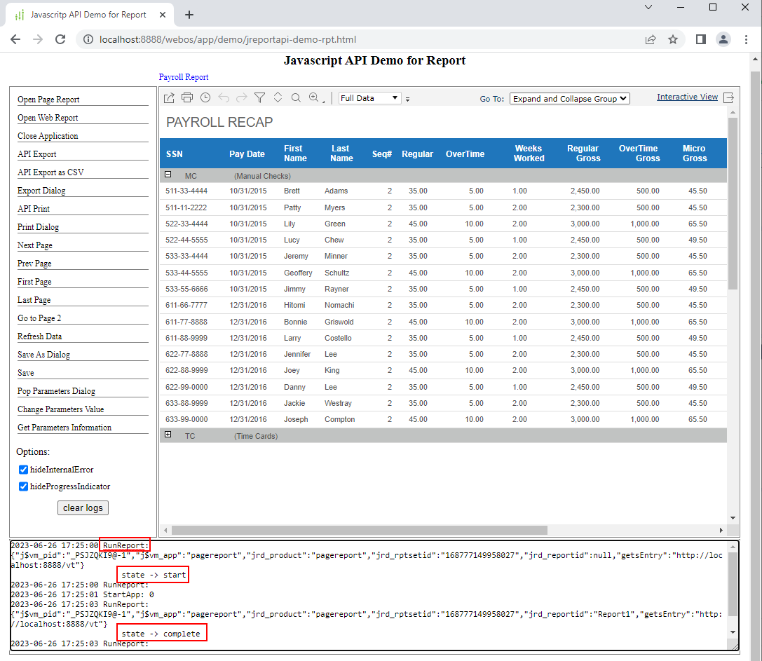 Publish running report messages to user applications