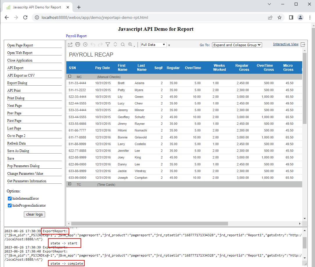 Publish exporting report messages to user applications